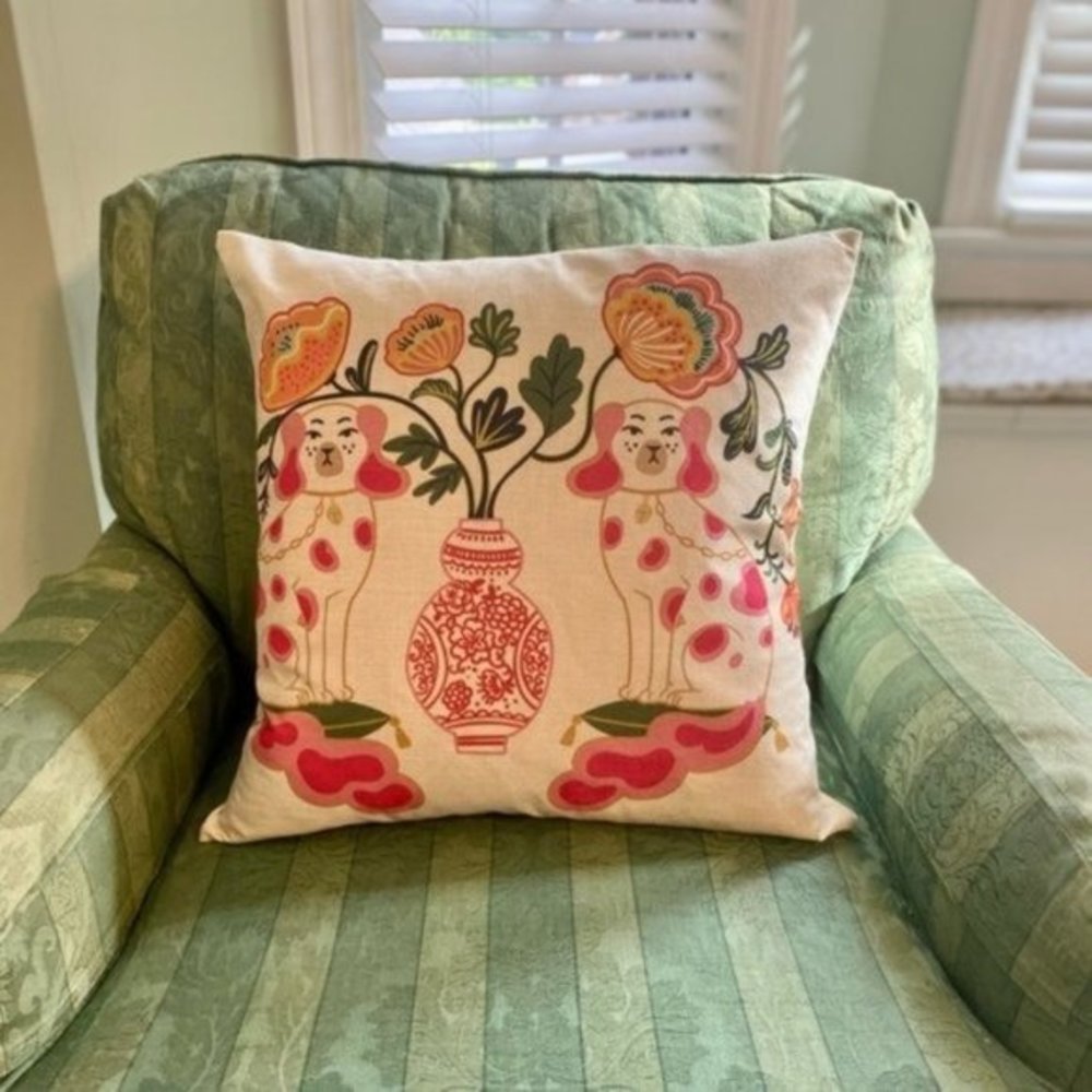 Decorative Pink Floral & Dog Print Throw Pillow